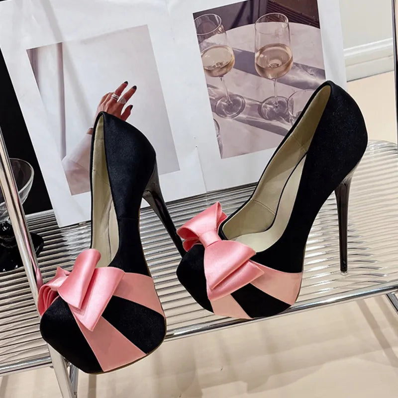 Fashion Design Bowknot Round Toe Platform Pumps Women Wedding Banquet Shoes