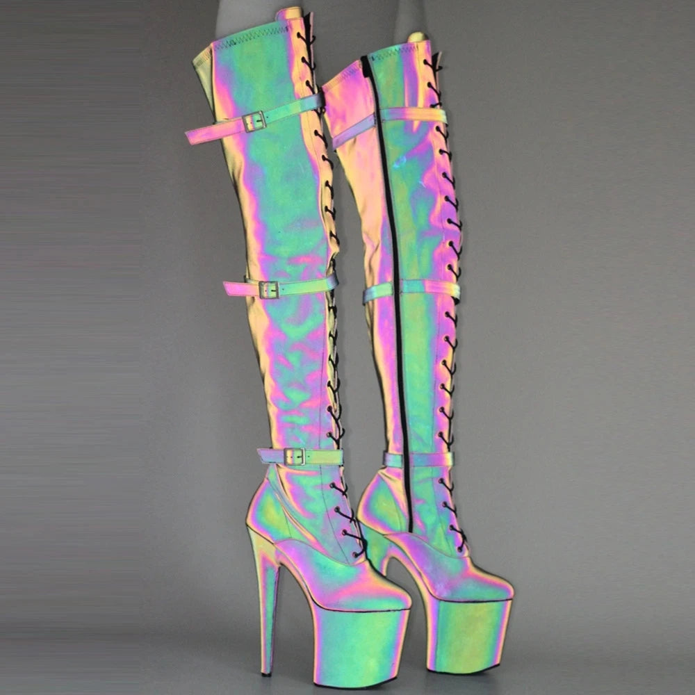 Reflective Fabric 20CM High Heel Over-The-Knee Women's Nightclub Models Stage Show Shoes