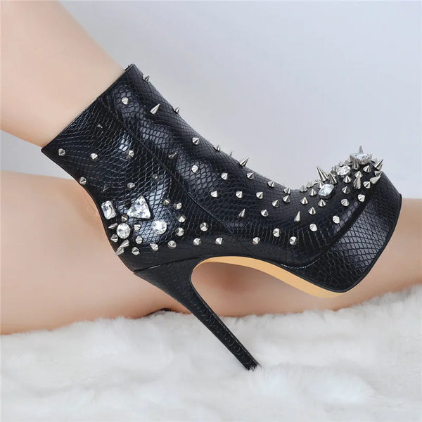 Platform Rhinestones Rivet Ankle Boots Side Zipper Round Toe Thin Heels Booties