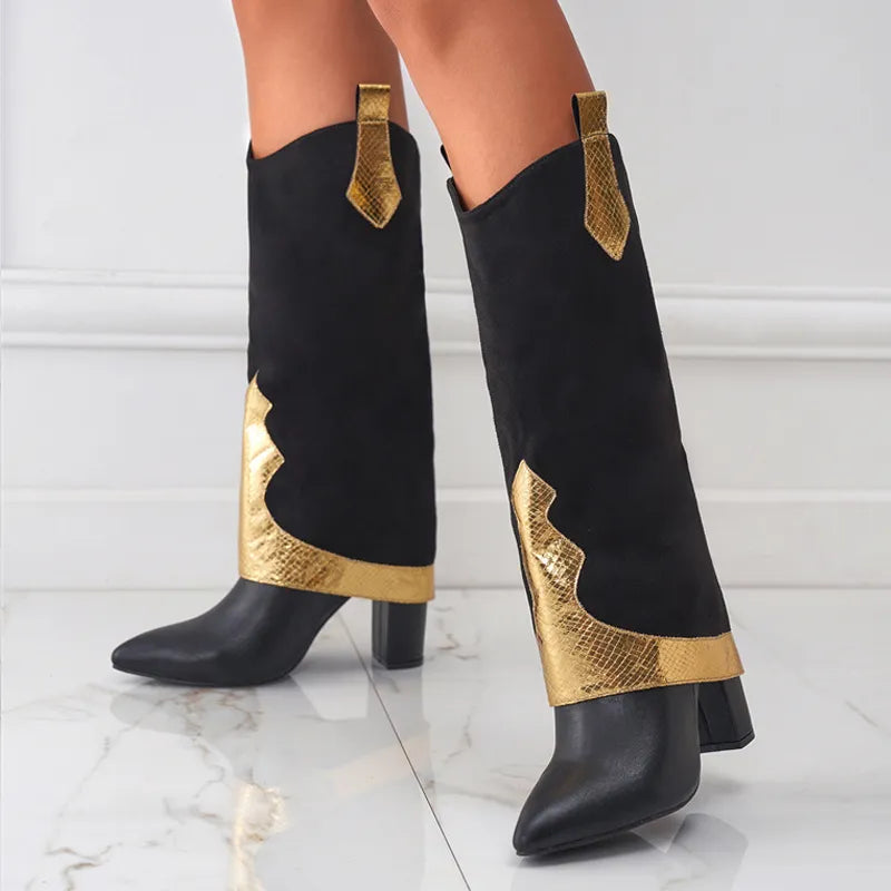 New Design Chunky Heel Pointed Toe Women Long Knee High Boots