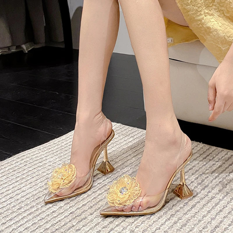 Fashion Crystal Flower Designer Sandals Women Pumps PVC Transparent High Heels