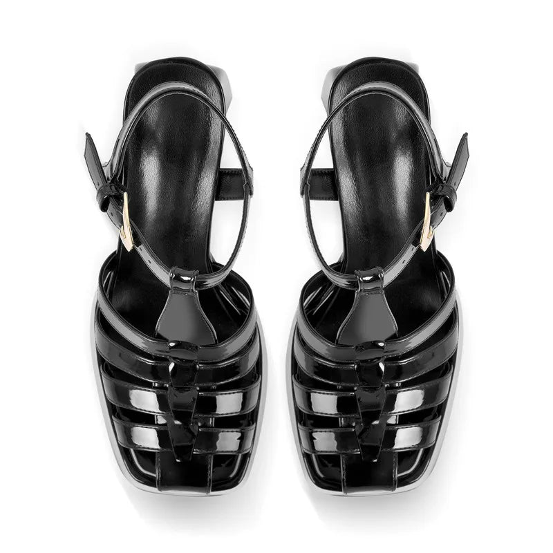 Women White Platform Platform Chunky High Heels Buckle Black Summer Sandals