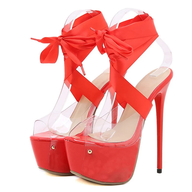 Sexy Red Thigh High Lace-Up Platform Sandals Women 16.5 CM Transparent Shoes