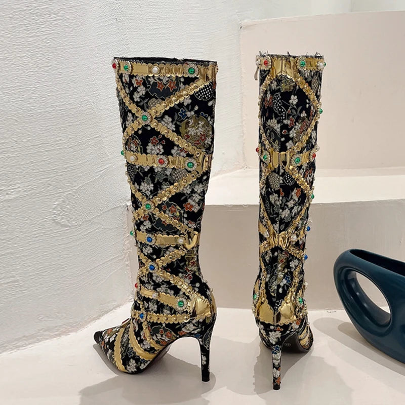 Runway Fashion Color Gem Knee High Boots Women