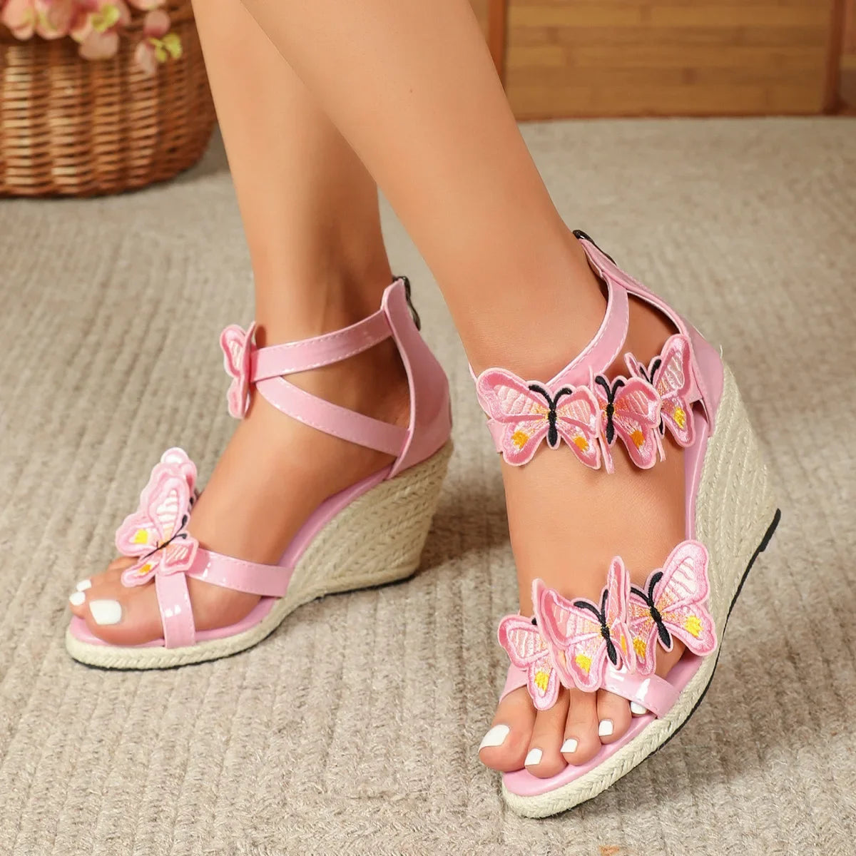 Summer 8CM Wedges Sandals For Women's Hemp Rope Platform Butterfly High Heels