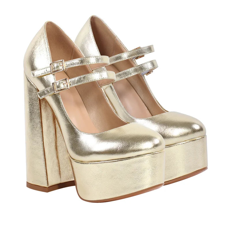 Women Mary-Jane Platform Pumps Gold Chunky 16CM High Heels