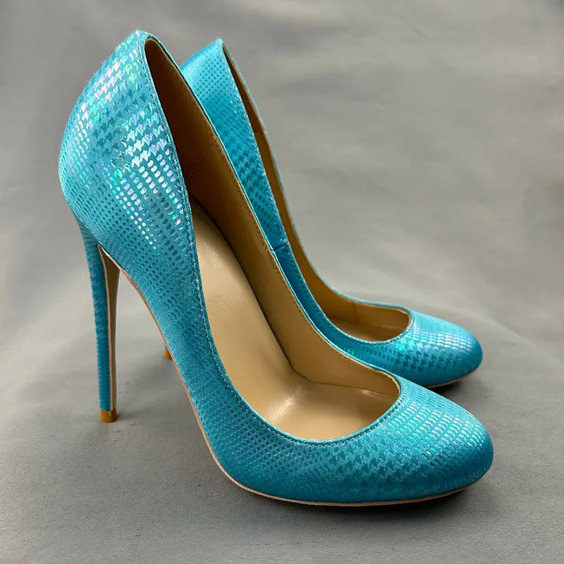 Green Blue Snakeskin Women Slip On High Heel Shoes