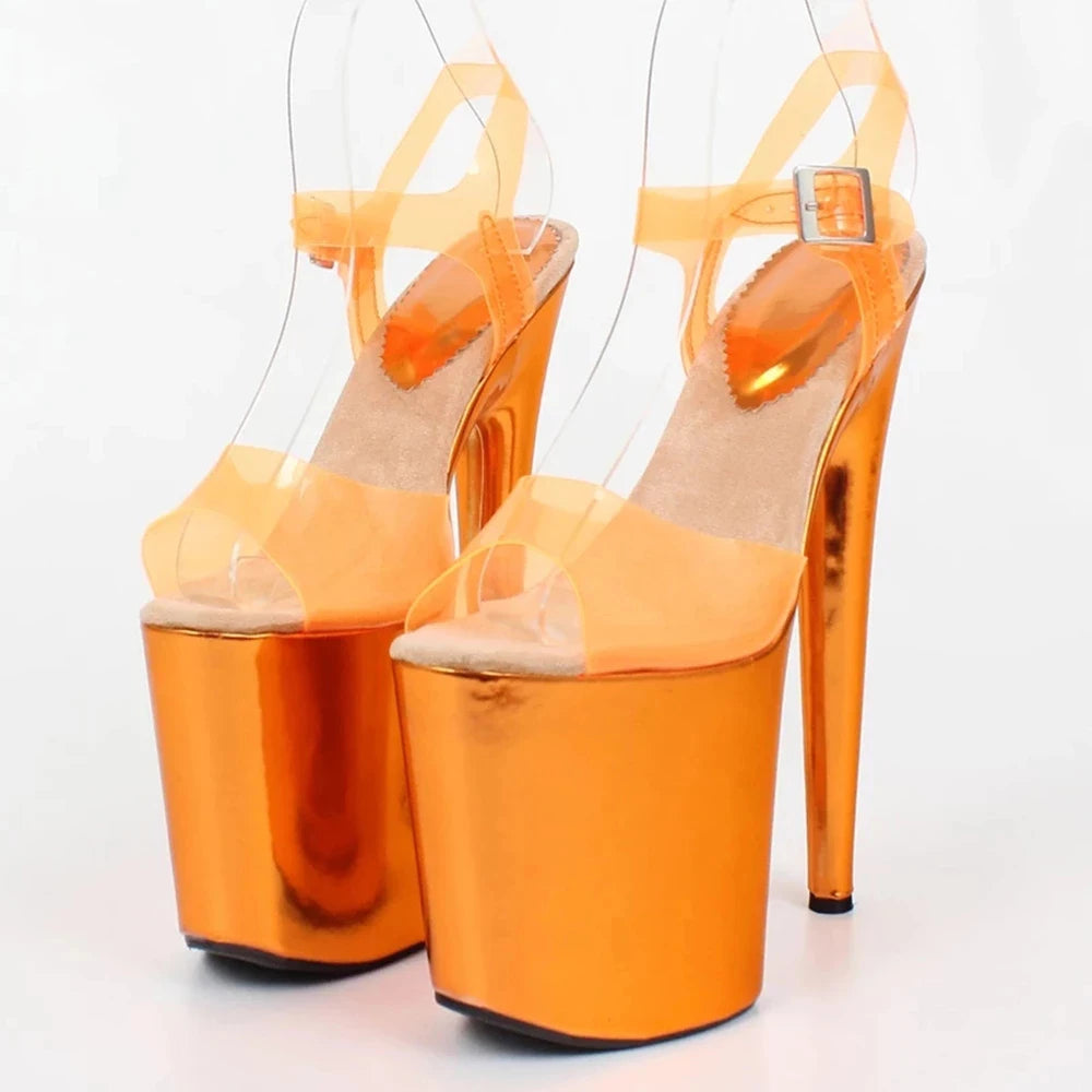 jialuowei 20CM Super High Heels Platform Ankle Strap Transparent PVC Women Sexy Sandals Big Size 36-46