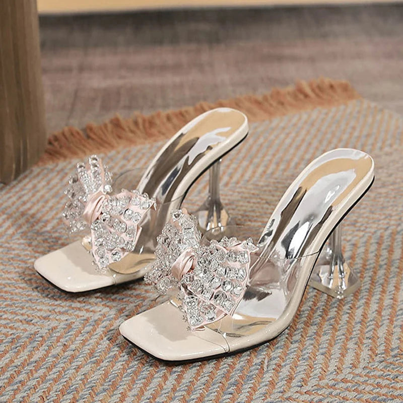 Street Sexy Crystal Bowknot Square Toe Transparent Sandals