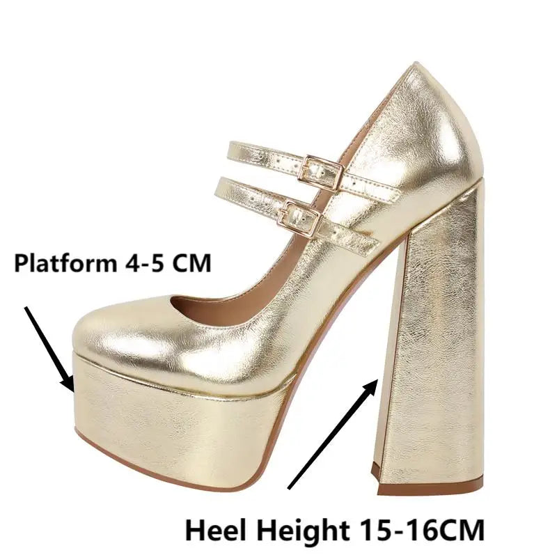 Women Mary-Jane Platform Pumps Gold Chunky 16CM High Heels