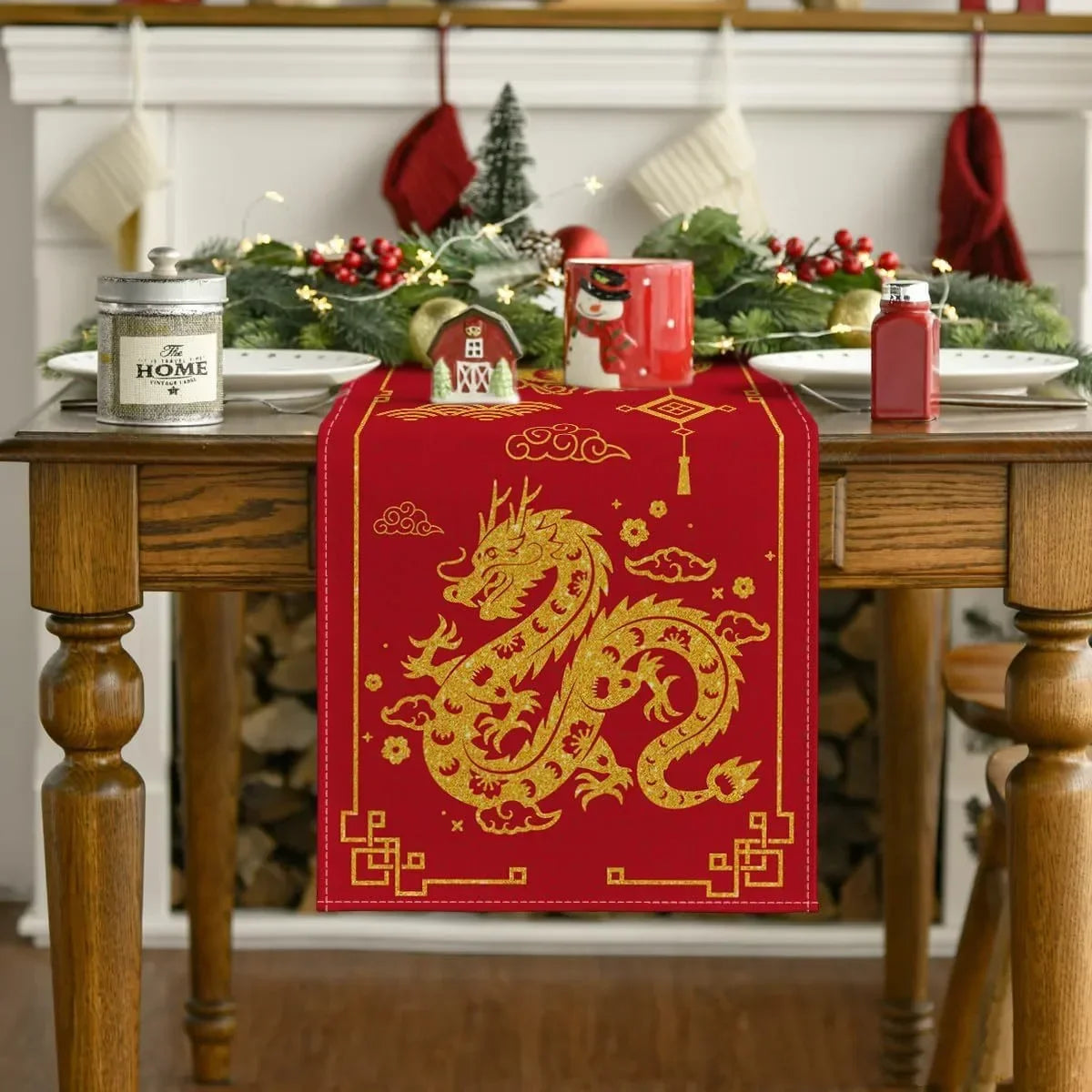 5PCS The Year of The Dragon Table Runner Placemats Combination Set