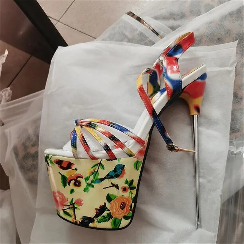 22cm Thin Heels Rhinestone Sandals Female Platform Printed Women's