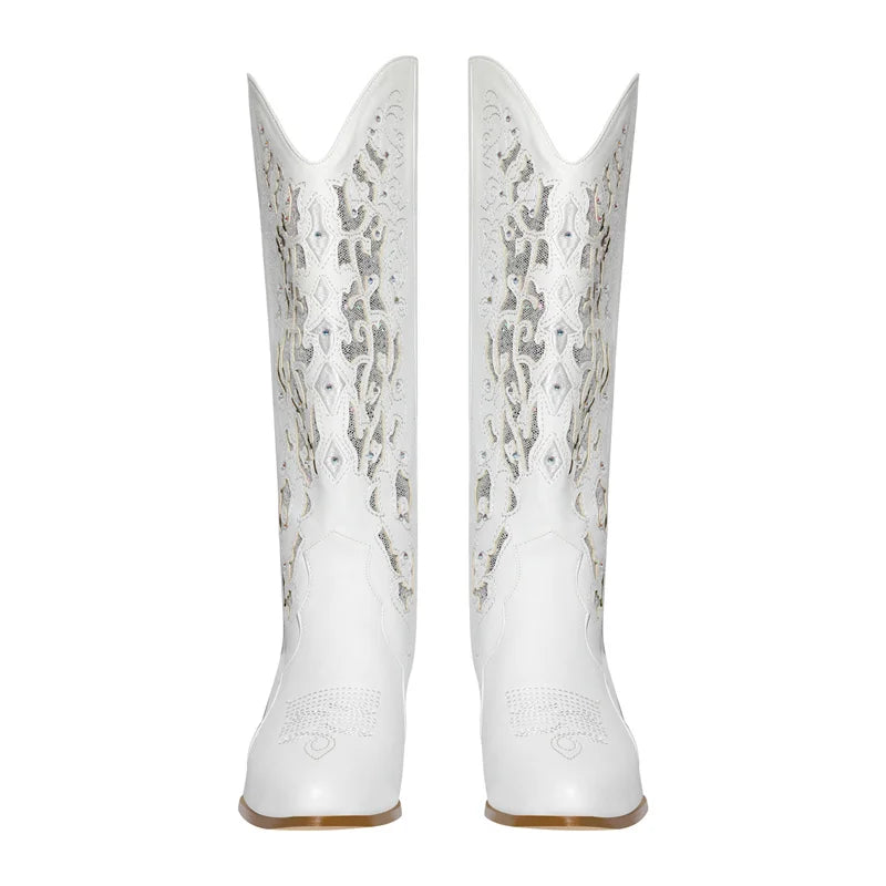 Western Cowgirl Boots Glitter Hollow Chunky Heels Mid-Calf White Western Boots