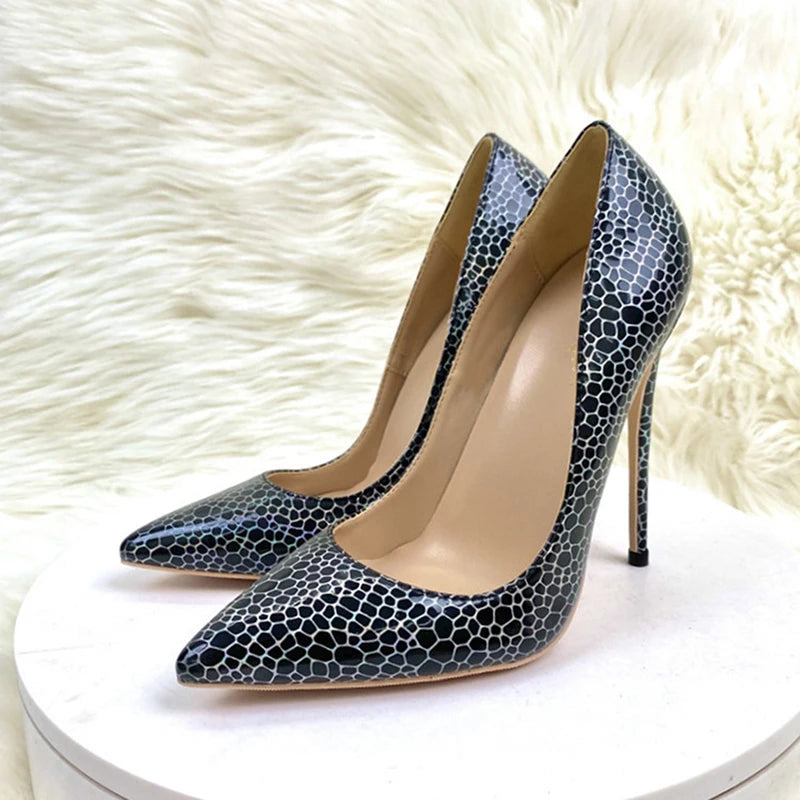 Geometry Pattern Print Women Black Patent Pointy Toe High Heel Celebrity Party Shoes