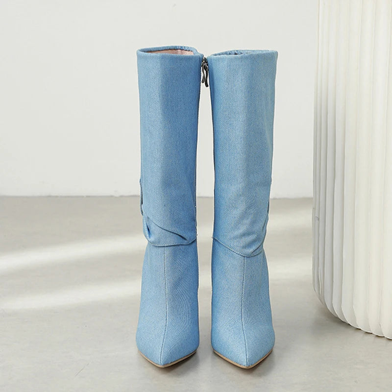 Fashion Design Pleated Denim Boots For Women Zip Knee High Shoes