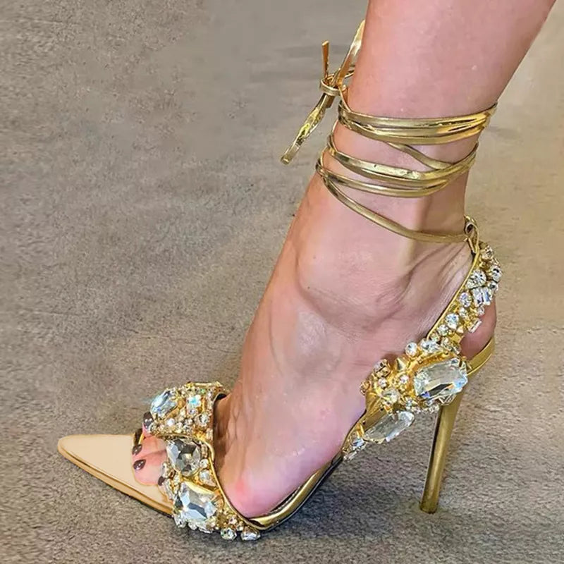 sexy Ankle Strap Golded Sandals Women Party Nightclub Stripper Heels