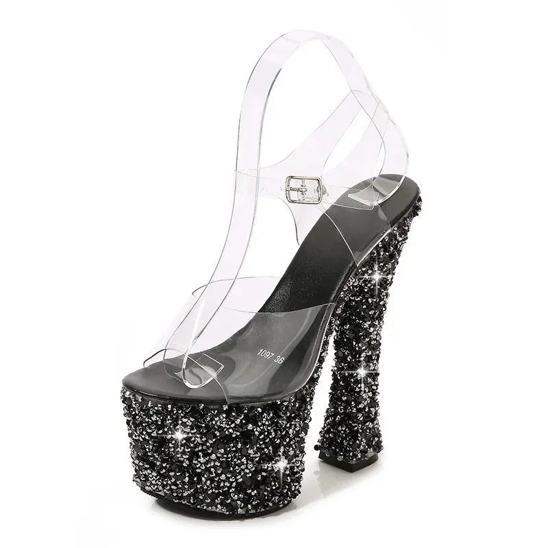 Summer Wedding Party Sandals Sequin Rhinestone Peep Toe Woman Shoes 17.5cm Thin High Heels