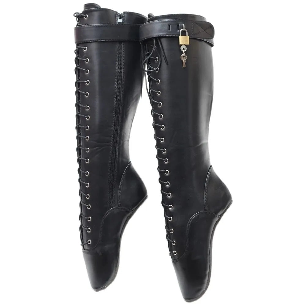 Ballet Heelless Style Sexy Fetish Knee-high Boots Lockable Straps Womens