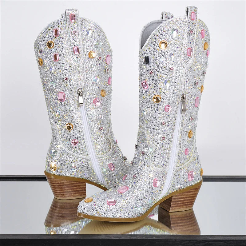 Sparkly Multi-colored Rhinestone Handmade Mid-calf Western Boots