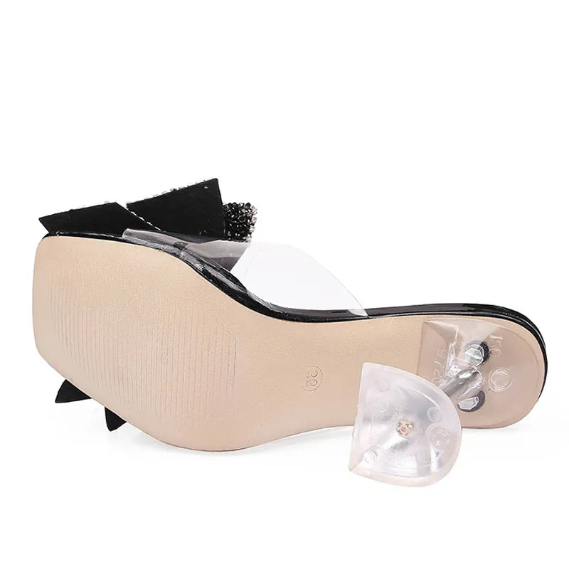 New Transparent Slippers For Women Fashion Silver Crystal Bowknot High Heels