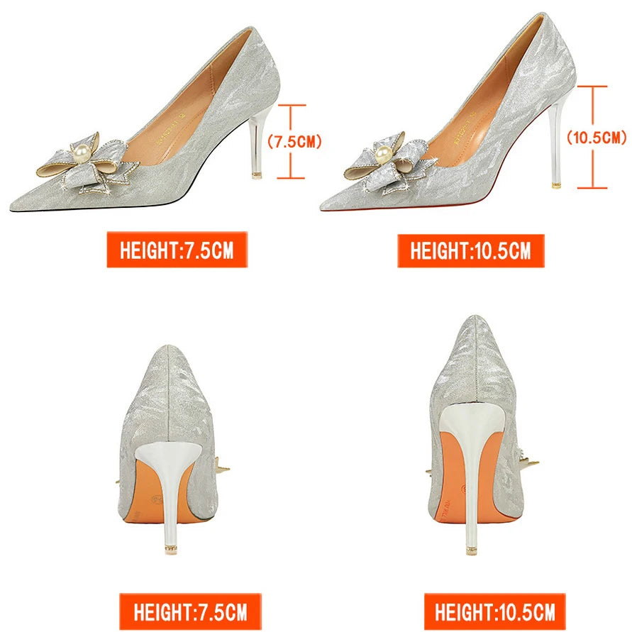 Luxury Women Pumps Pearl Rhinestone Bowknot High Heels Fashion Wedding Shoes