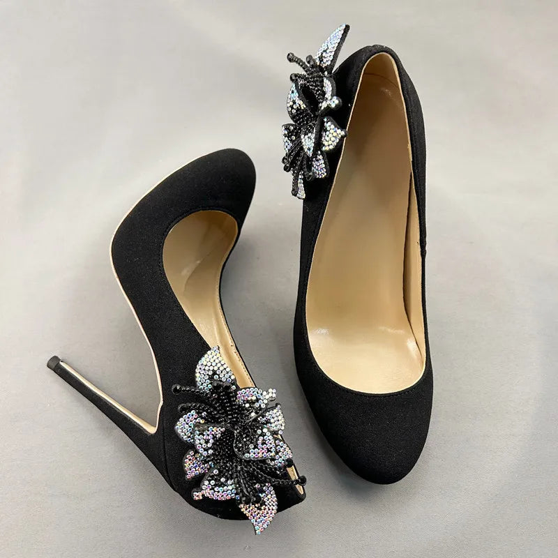 Glitter Rhinestones Flower Women Black Flock Suede Round Toe High Heel Shoes