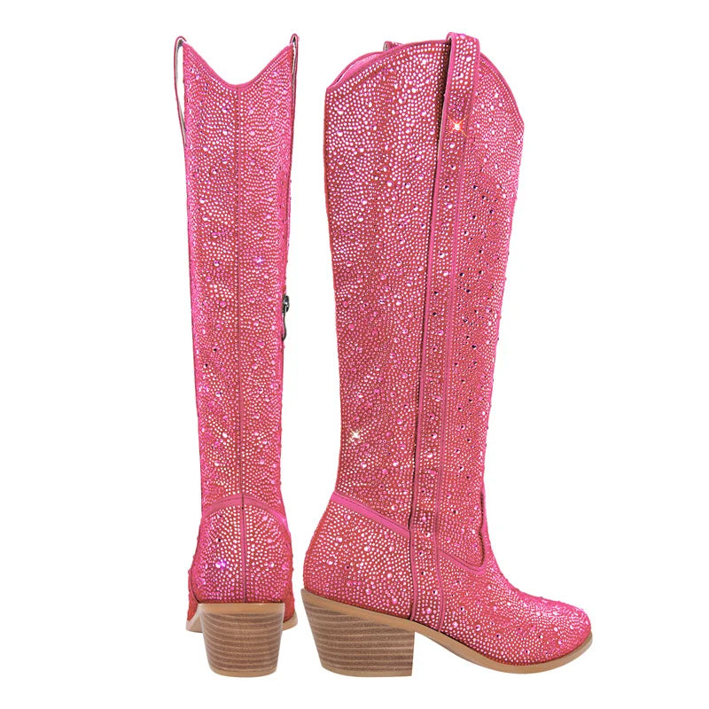 Women Rhinestone Boots Pink Knee High Boots