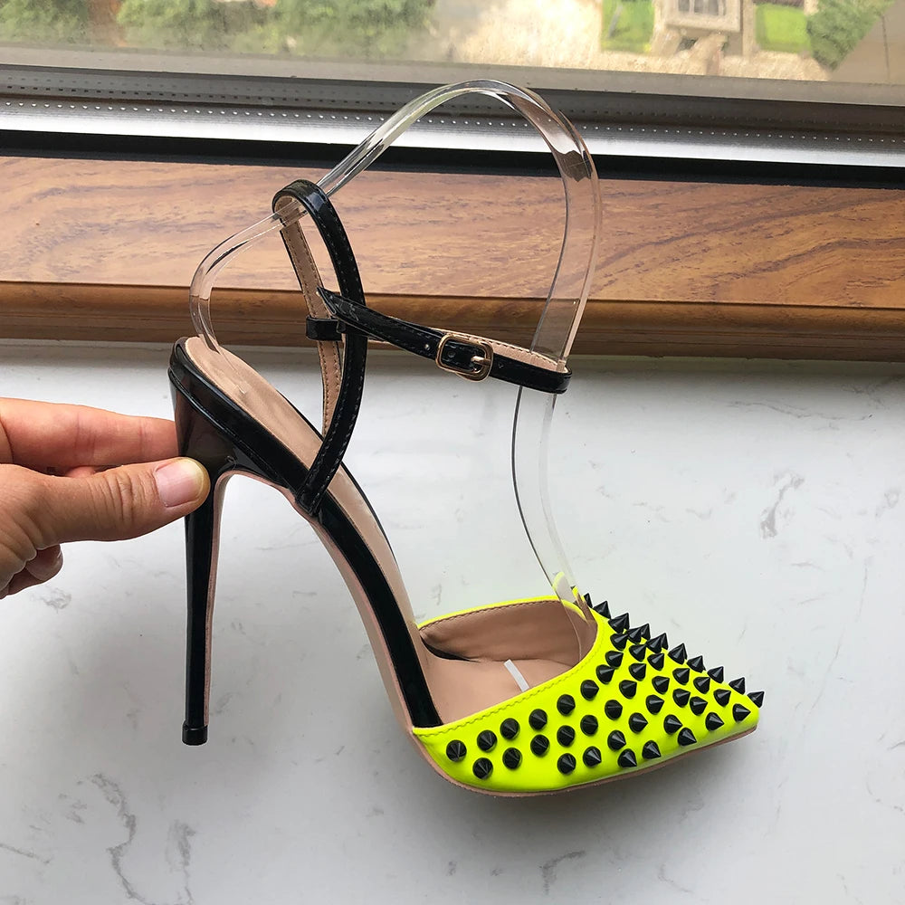 Black Spikes Lemon Green Women Sexy Ankle Strap Slingbacks High Heel Shoes