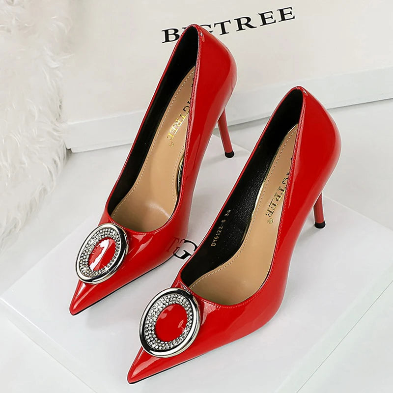 Red Women Pumps Metal Buckle High Heels Stilettos Luxury Banquet Shoes