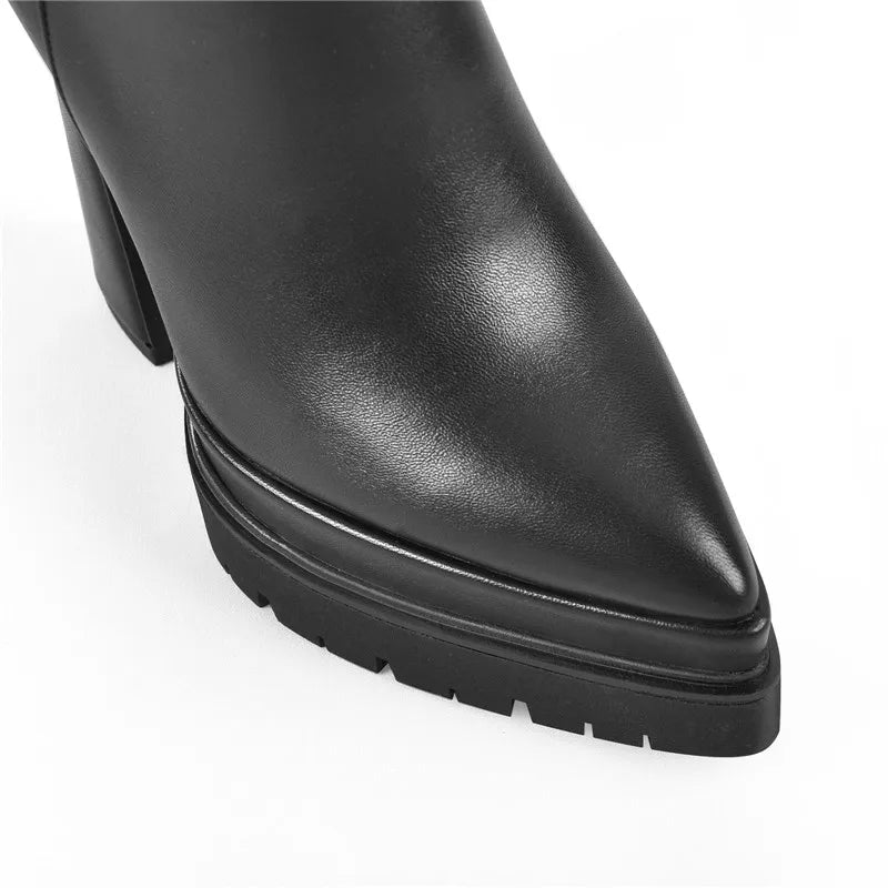Women Black Matte Double Platform Booties Side Zipper Fashion Pointed Toe Ankle Boots