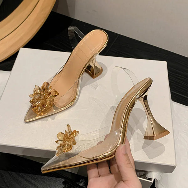 New Sexy Slingback Shoes Women Crystal Flower PVC Summer Strange Transparent High Heels