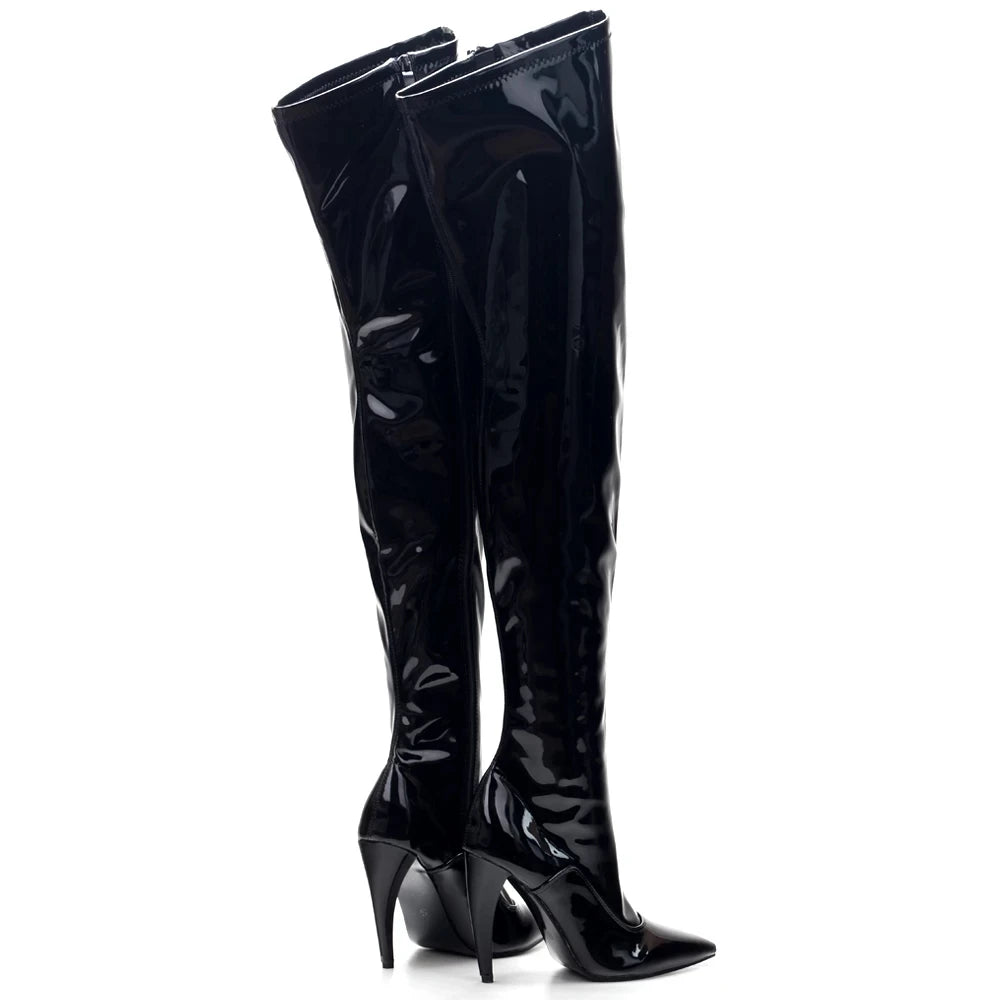 Sexy Over-the-Knee Boots 10CM High Heel Sexy Pointed Toe Stretch PU Leather Thigh Long Boots