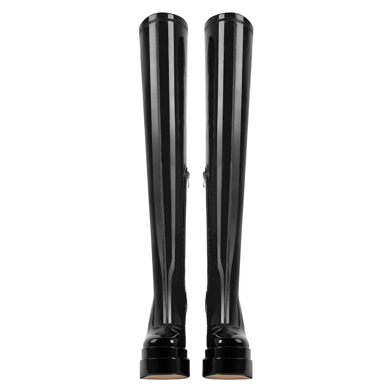 Women Platform Thick  High Heels Square Toe Side Zipper Punk Style Over The Knee High   Boots