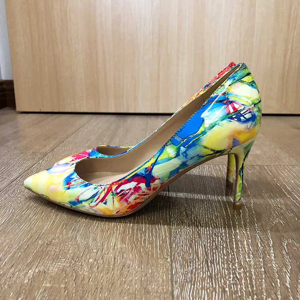 Women Gloossy Floral Printed Pointed Toe High Heels