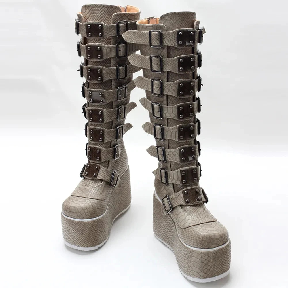 Retro Goth 11CM High Heel Fashion Punk Belt Buckles Serpentine Pattern Women Knee-High Boots