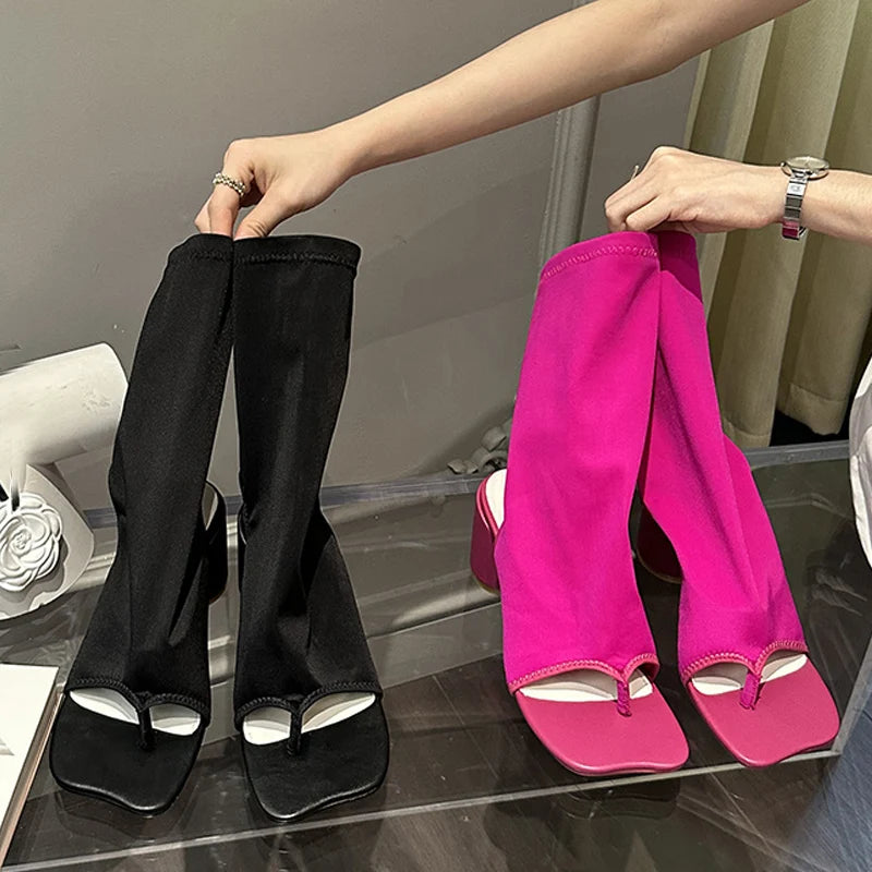 Fashion Clip Toe Stretch Fabric Socks Boots  Sexy Cut-Out Middle Square Heels