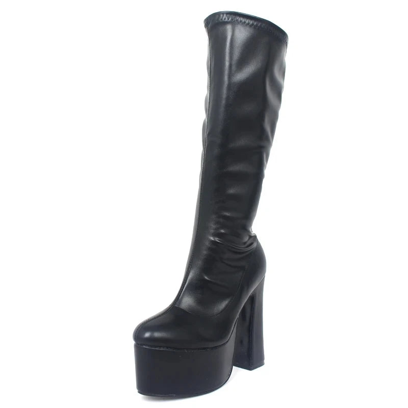 Women Knee-high Boots 15CM High Chunky Heel Platform Punk Gothic Fashion Sexy  Boots