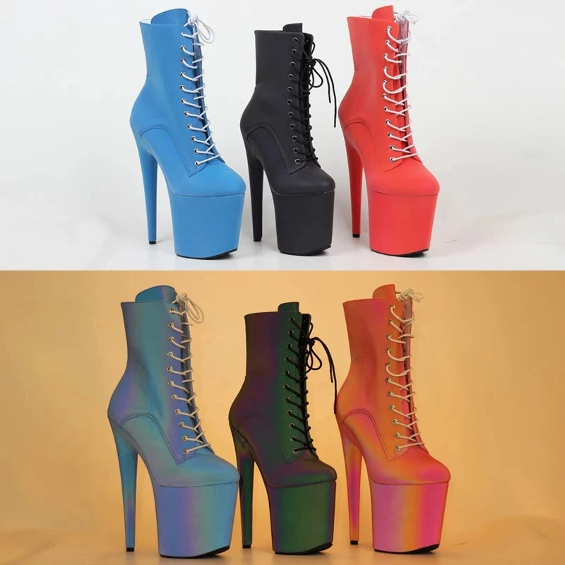 Women Ankle Boots Reflective Fabric 8 inches High Heel  Model Catwalk Platform Shoes