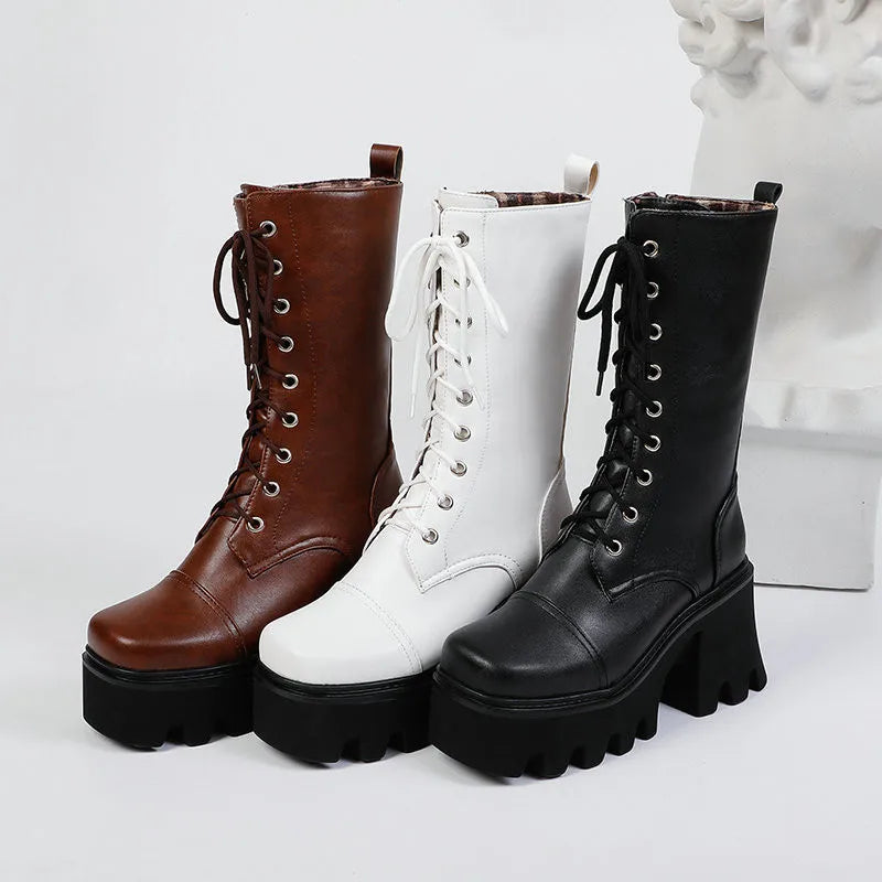 Platform Thick Heel Mid-Calf Boots PU Lace Up Chunky Punk High Heels Black Booties