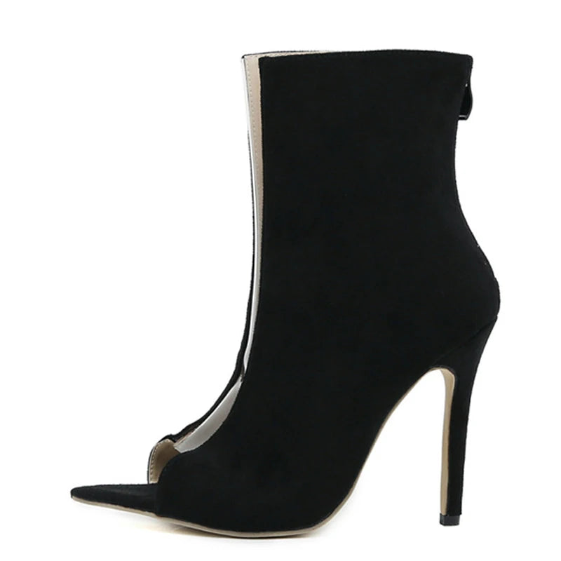 Black Spring Autumn Sexy Pointed Open Toe Ankle Boots Women