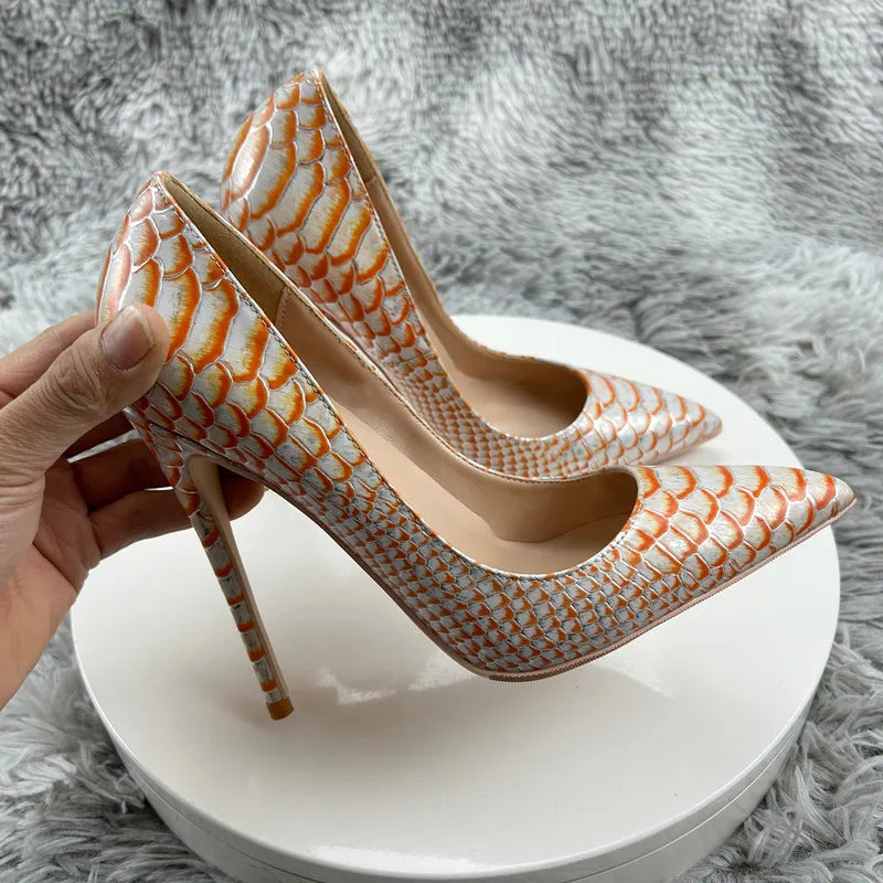 Vintage snake pattern Snakeskin Embossed Pattern Women Pointy Toe High Heel