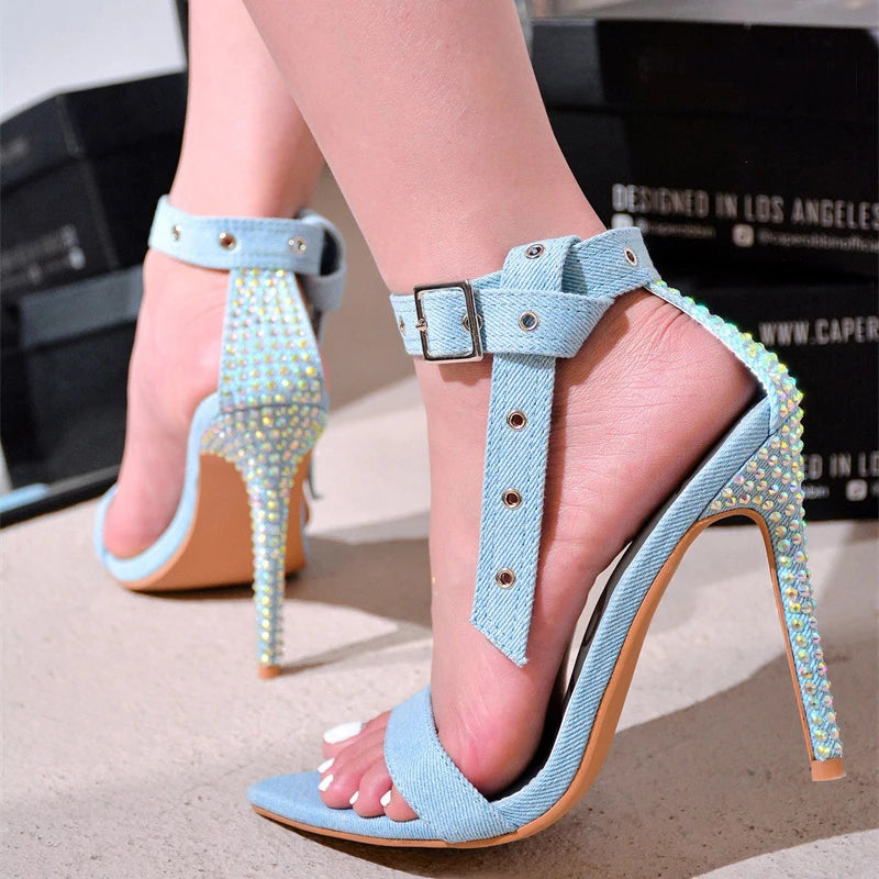 Summer Fashion Crystal Rhinestone Thin High Heels Sandals Women