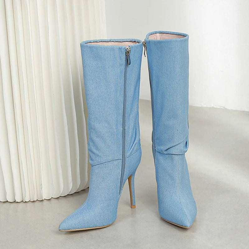 Fashion Design Pleated Denim Boots For Women Zip Knee High Shoes