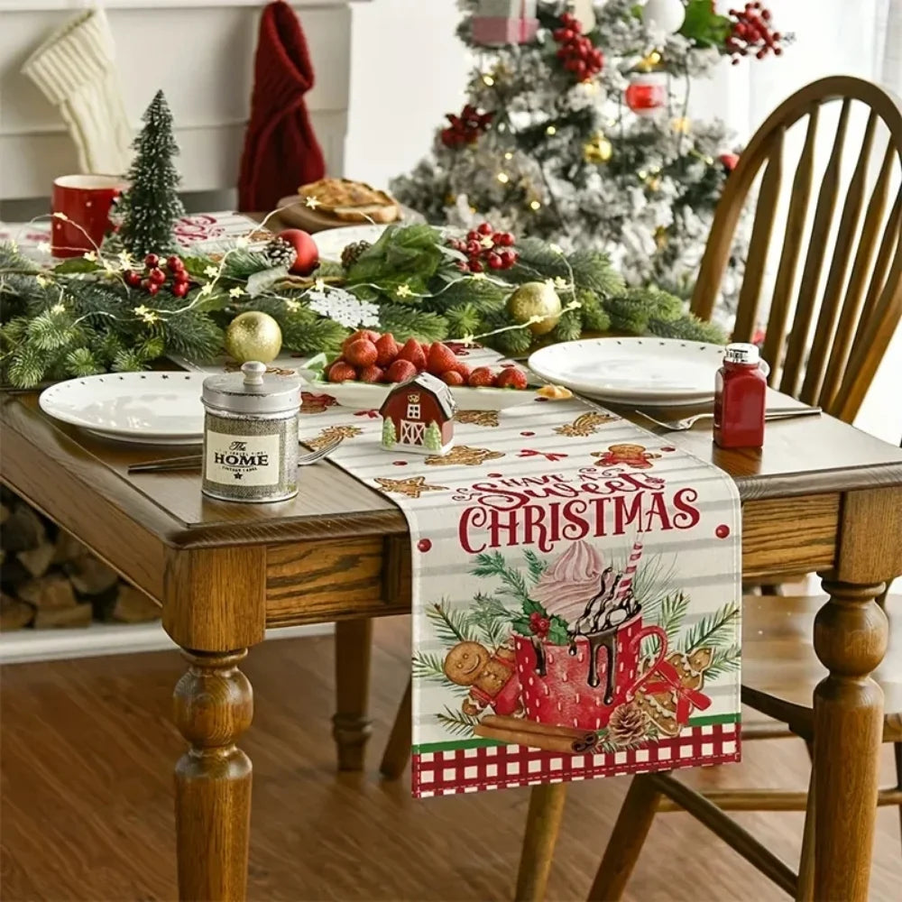 Linen Christmas Table Runner Snowman Xmas Tree Home Dining Table Cover