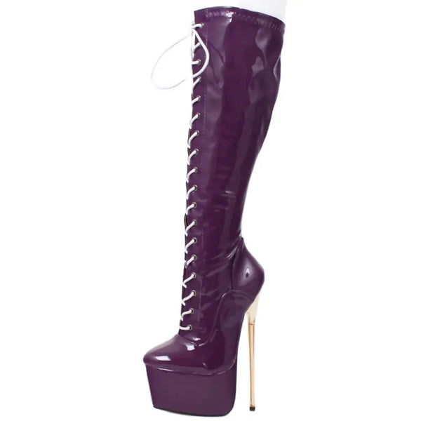 Knee-High Boots 22CM Super High Heel Platform Cross-tied Stiletto Metal Heels Prom shoes