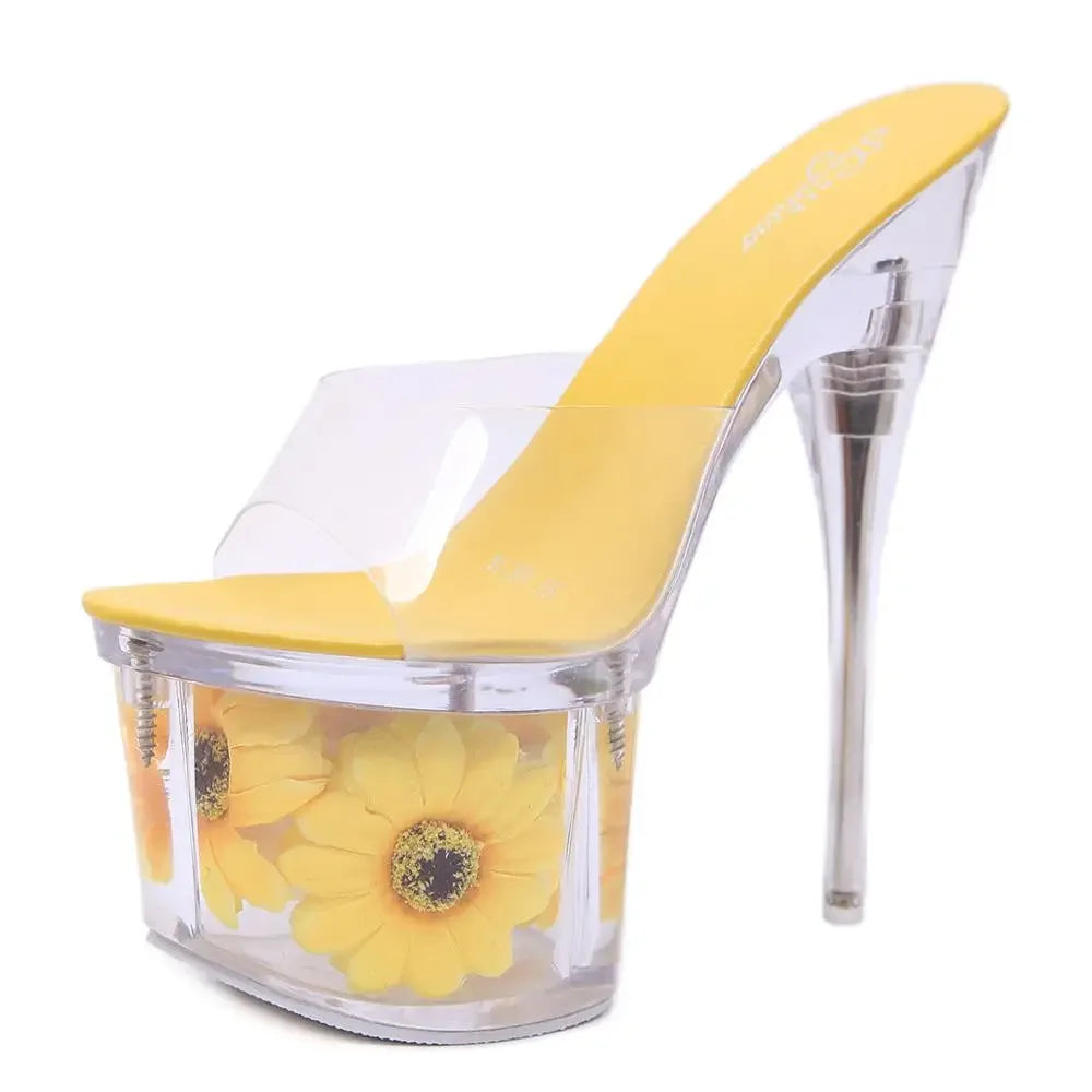 Summer Sunflowers Platform Women Shoes Outside Slippers 18cm Super High Thin Heels