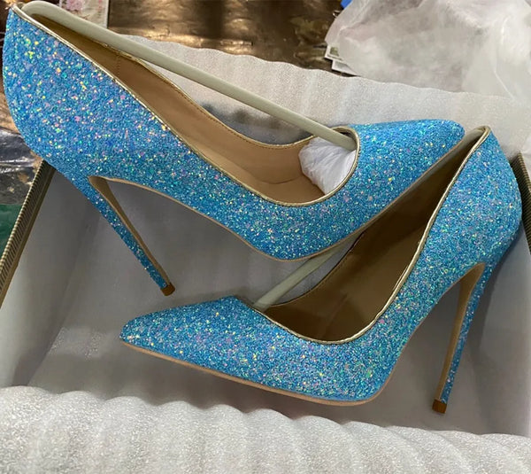 Women's sequined high-heeled very high pointed high-heeled shoes