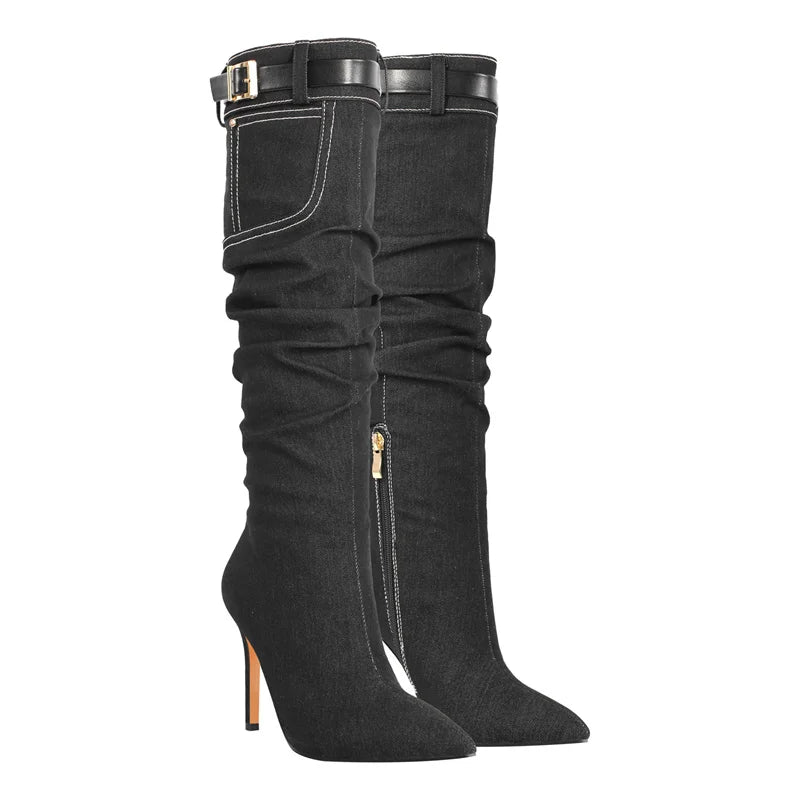 Pointed Toe Denim Knee High Boots Side Zipper Stiletto Fashion Thin Heel Boots