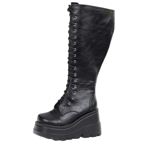 New Punk Style 11CM High Wedge Heel Platform Knee-High Martin Boots