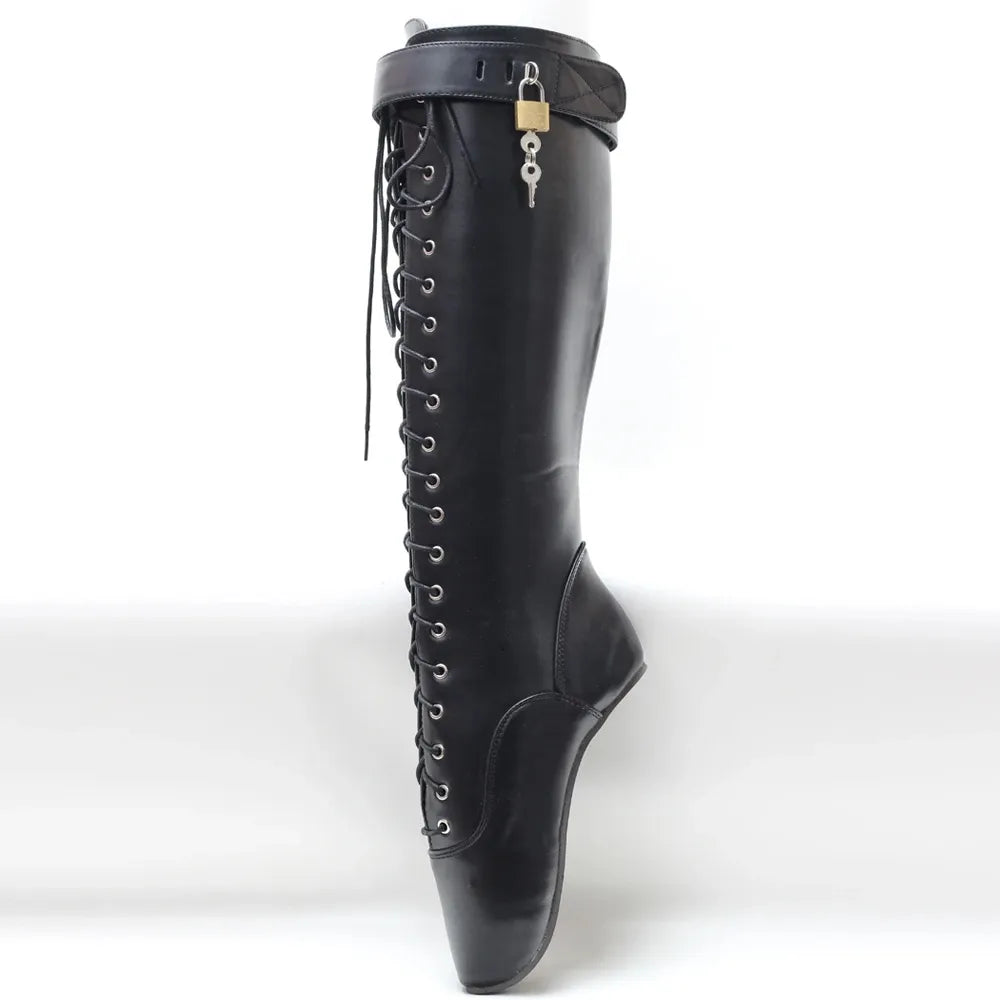 Ballet Heelless Style Sexy Fetish Knee-high Boots Lockable Straps Womens